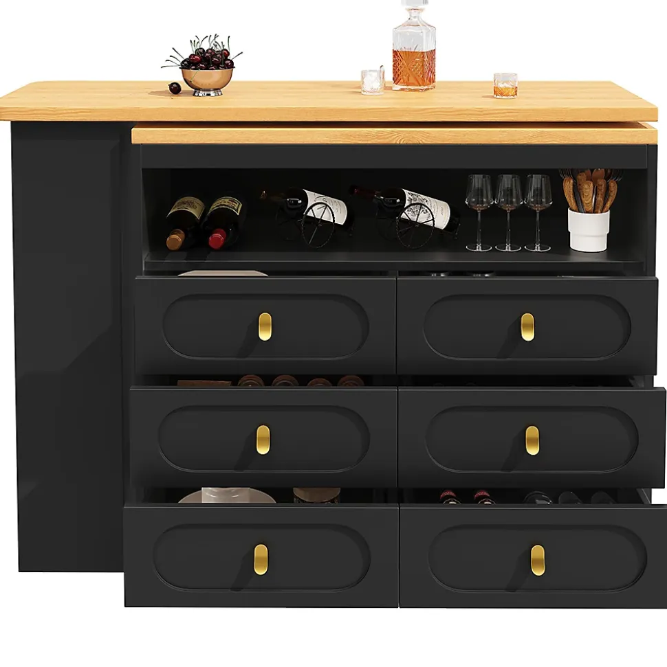 Table Bar Rotative 138-203cm, Roulettes, Tiroirs, Noir