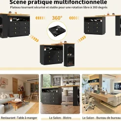 Table Bar Rotative 138-203cm, Roulettes, Tiroirs, Noir