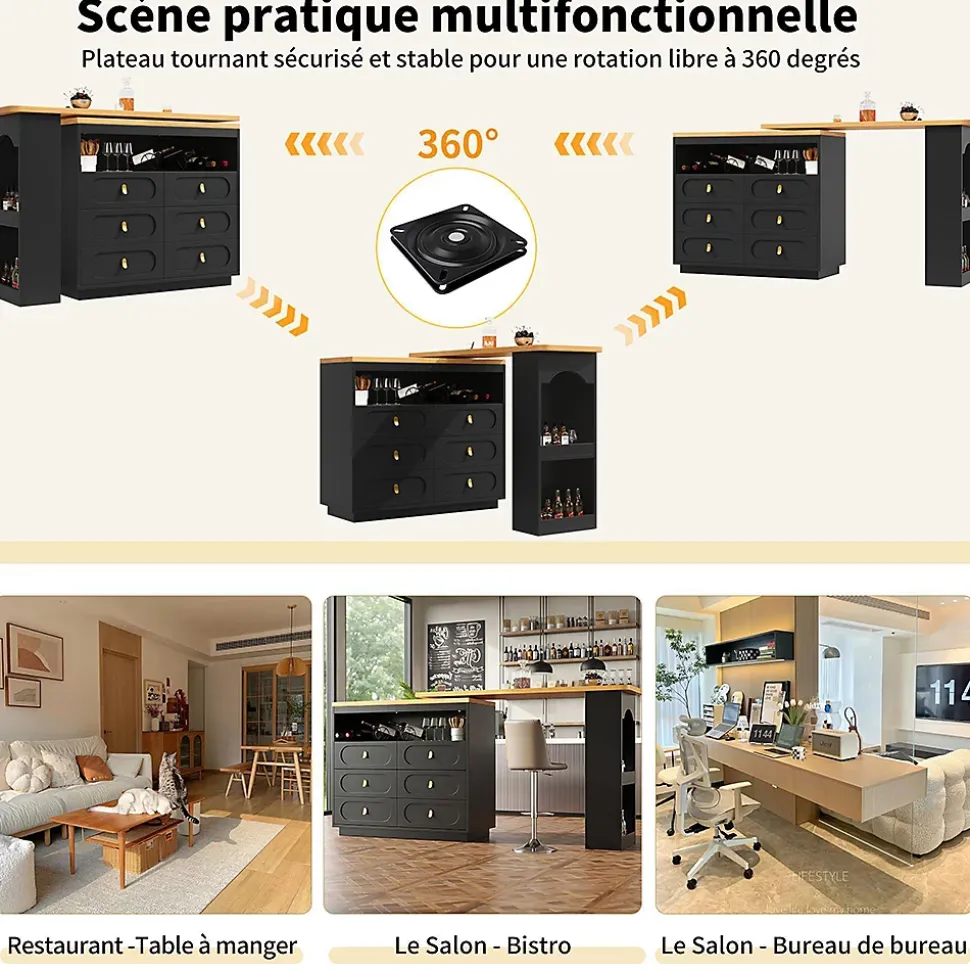 Table Bar Rotative 138-203cm, Roulettes, Tiroirs, Noir