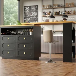 Table Bar Rotative 138-203cm, Roulettes, Tiroirs, Noir