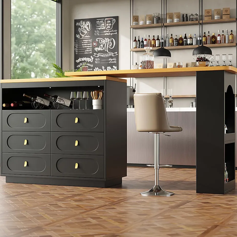 Table Bar Rotative 138-203cm, Roulettes, Tiroirs, Noir