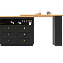 Table Bar Rotative 138-203cm, Roulettes, Tiroirs, Noir