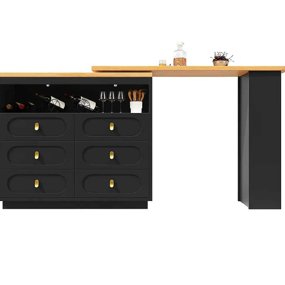 Table Bar Rotative 138-203cm, Roulettes, Tiroirs, Noir