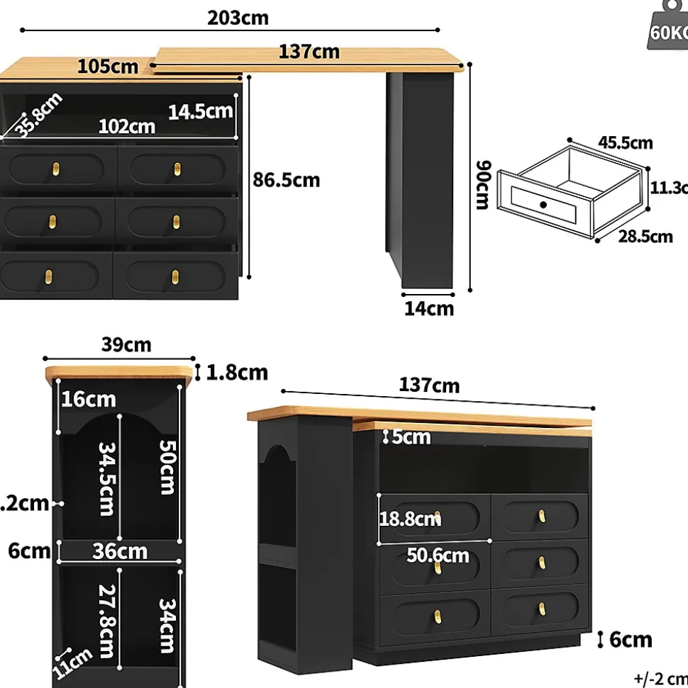 Table Bar Rotative 138-203cm, Roulettes, Tiroirs, Noir