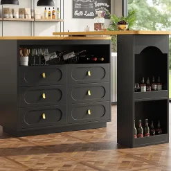 Table Bar Rotative 138-203cm, Roulettes, Tiroirs, Noir