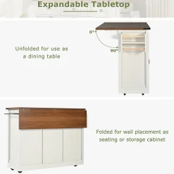 Table de Bar Extensible avec 2 Portes Coulissantes et 3 Tiroirs, Meuble Bar Multifonction sur Roulettes, Métal et MDF, Beige