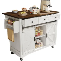 Table de Bar Extensible avec 2 Portes Coulissantes et 3 Tiroirs, Meuble Bar Multifonction sur Roulettes, Métal et MDF, Beige