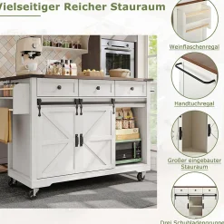 Table de Bar Extensible avec 2 Portes Coulissantes et 3 Tiroirs, Meuble Bar Multifonction sur Roulettes, Métal et MDF, Beige