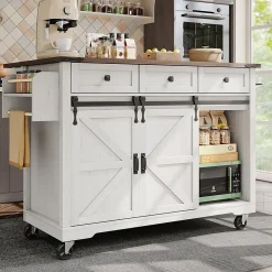 Table de Bar Extensible avec 2 Portes Coulissantes et 3 Tiroirs, Meuble Bar Multifonction sur Roulettes, Métal et MDF, Beige