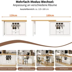 Table de Bar Extensible Pivotante avec Rangement et Étagères Réglables, Meuble Moderne en MDF, Blanc et Naturel, 120-180x40x76 cm