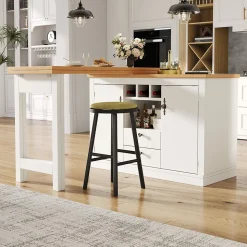 Table de Bar Extensible Pivotante avec Rangement et Étagères Réglables, Meuble Moderne en MDF, Blanc et Naturel, 120-180x40x76 cm
