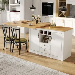 Table de Bar Extensible Pivotante avec Rangement et Étagères Réglables, Meuble Moderne en MDF, Blanc et Naturel, 120-180x40x76 cm