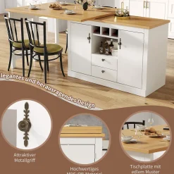 Table de Bar Extensible Pivotante avec Rangement et Étagères Réglables, Meuble Moderne en MDF, Blanc et Naturel, 120-180x40x76 cm