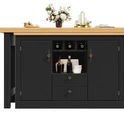 Table de Bar Extensible Pivotante avec Étagères Réglables et Poignées Métalliques - MDF - Noir/Naturel - 120-180x40x76 cm