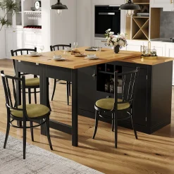 Table de Bar Extensible Pivotante avec Étagères Réglables et Poignées Métalliques - MDF - Noir/Naturel - 120-180x40x76 cm