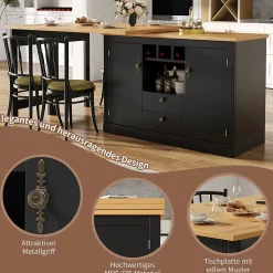 Table de Bar Extensible Pivotante avec Étagères Réglables et Poignées Métalliques - MDF - Noir/Naturel - 120-180x40x76 cm