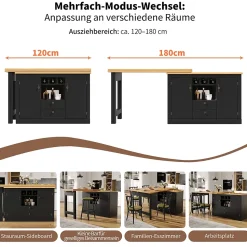 Table de Bar Extensible Pivotante avec Étagères Réglables et Poignées Métalliques - MDF - Noir/Naturel - 120-180x40x76 cm