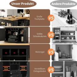 Table de Bar Extensible Pivotante avec Étagères Réglables et Poignées Métalliques - MDF - Noir/Naturel - 120-180x40x76 cm