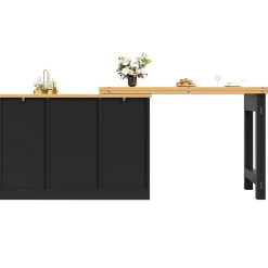 Table de Bar Extensible Pivotante avec Étagères Réglables et Poignées Métalliques - MDF - Noir/Naturel - 120-180x40x76 cm