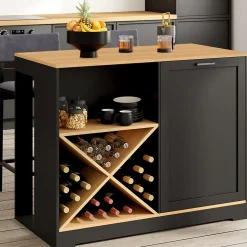 Table de bar îlot VITO 113 cm avec range bouteilles bois noir et plateau façon hêtre