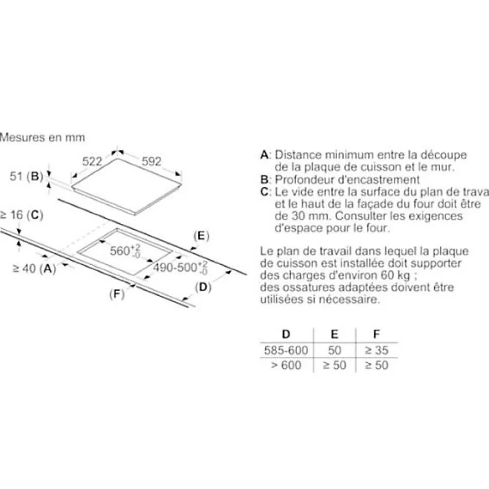 Table de cuisson à induction 60cm 3 feux 4600w Bosch PUC611AA5E série 2