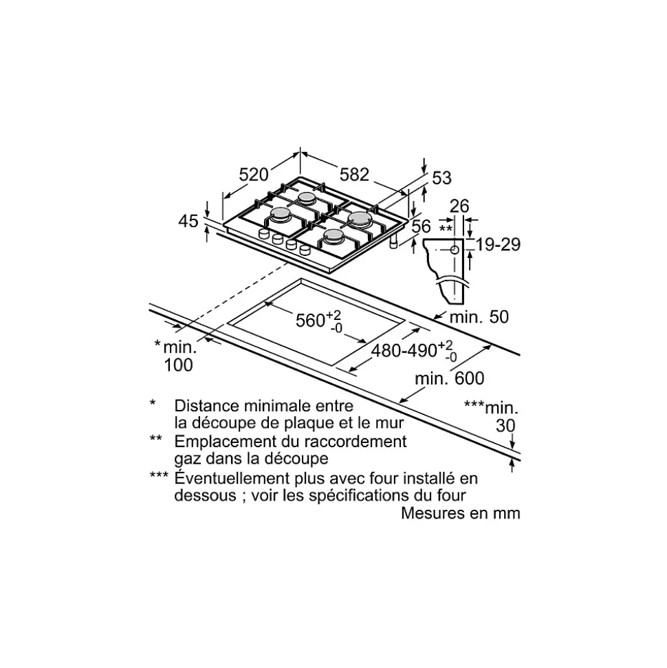 Table de cuisson a gaz - BOSCH Série 4 - 4 foyers - 52 x 58,2 x 4,5 cm - PGP6B5K90 - Inox