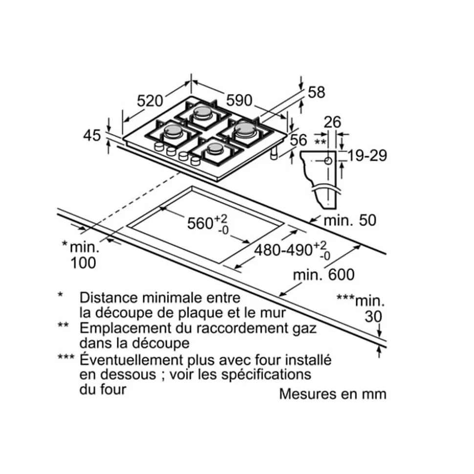 Table de cuisson a gaz - BOSCH Série 6 - 4 foyers - 52 x 59 x 4,5 cm - PPP6A6I40 - Noir