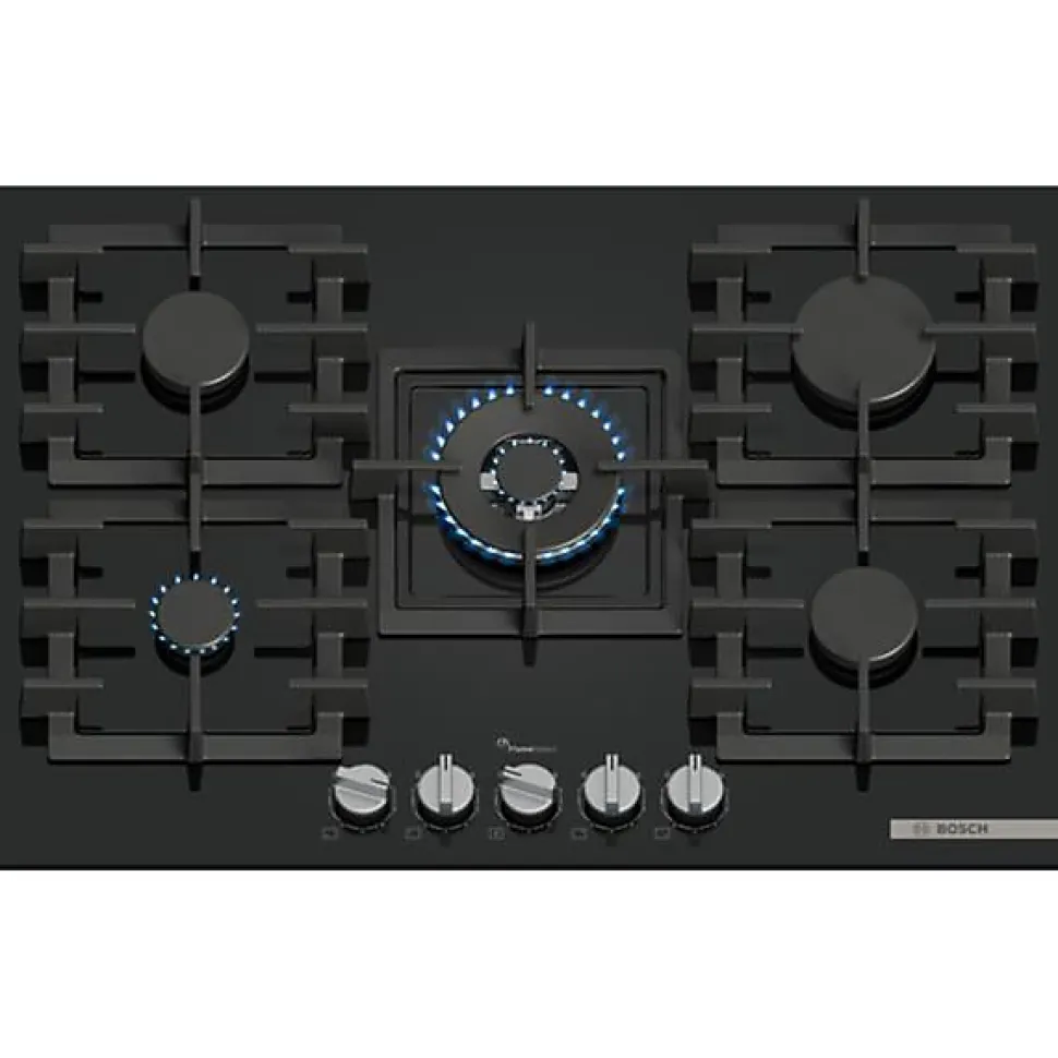 Table de cuisson gaz 75cm 5 feux 11500w noir Bosch PPQ7A6I40