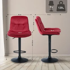 Tabouret de bar ajustable Laurel, velours, pivotant, dossier, repose-pieds, rembourré Métalnoirmat/Rouge