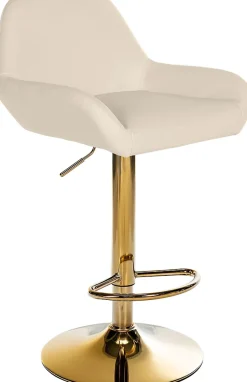 Tabouret de bar Braga cuir synthétique, structure dorée, réglable, pivotant 360, repose-pieds, cuisine et bar Crème