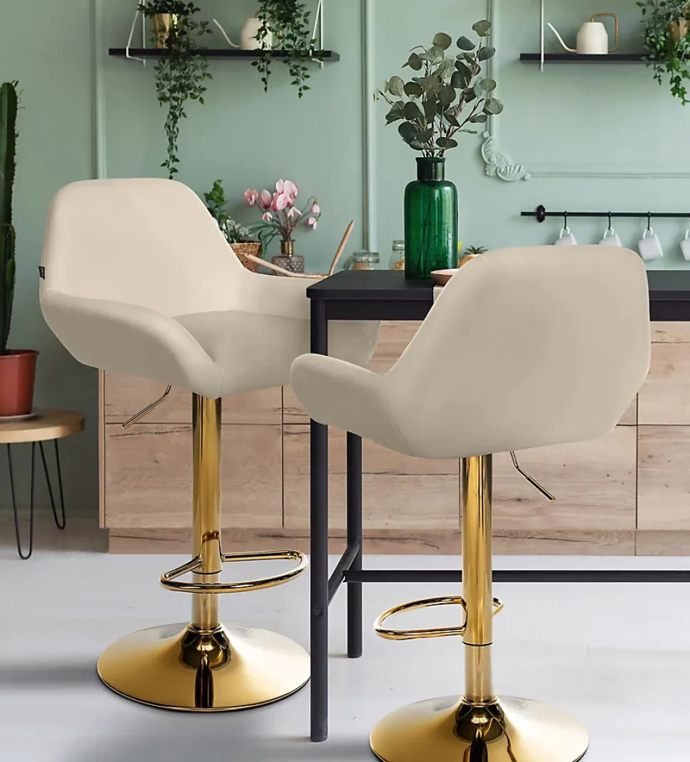 Tabouret de bar Braga cuir synthétique, structure dorée, réglable, pivotant 360, repose-pieds, cuisine et bar Crème