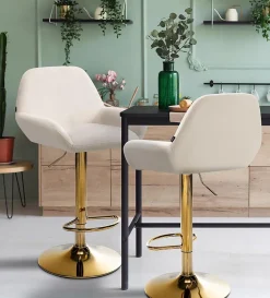 Tabouret de bar Braga velours structure dorée, réglable en hauteur, pivotant à 360 , repose-pieds, cuisine, bar Crème