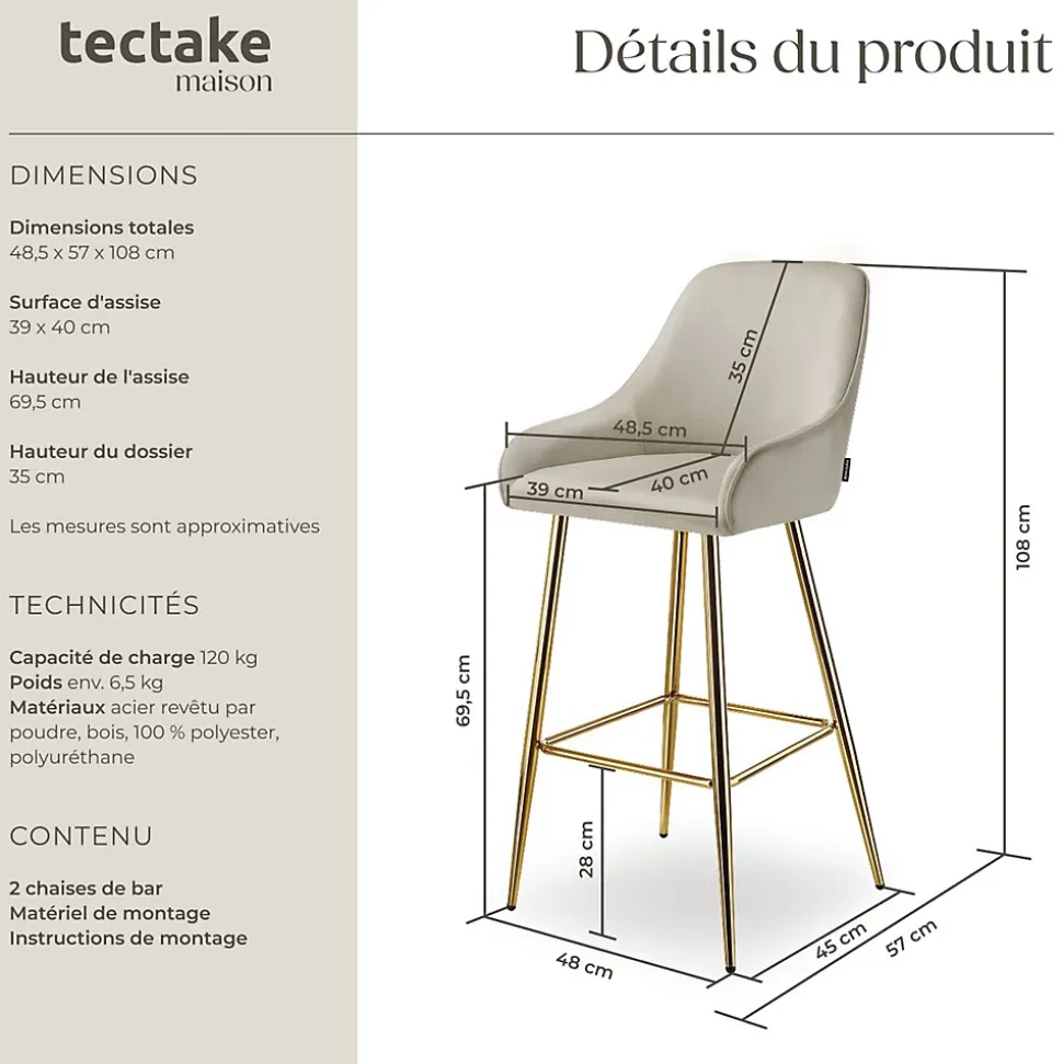 Tabouret de bar en aspect velours rembourré avec dossier et repose-pieds Lot de 2