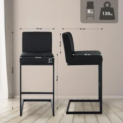 Tabouret de bar Hopewell tissu, chaise à piétement luge, dossier, repose-pieds, structure métallique noire Grisfoncé