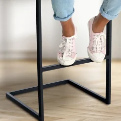 Tabouret de bar Hopewell tissu, chaise à piétement luge, dossier, repose-pieds, structure métallique noire Grisfoncé