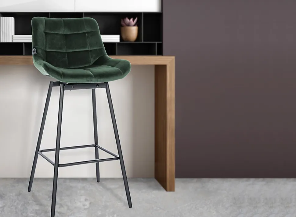 Tabouret de bar pivotant Weston pivotant à 90 degrés, réglage, assise rembourrée, structure métallique Vertfoncé/Velours