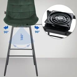 Tabouret de bar pivotant Weston pivotant à 90 degrés, réglage, assise rembourrée, structure métallique Vertfoncé/Velours