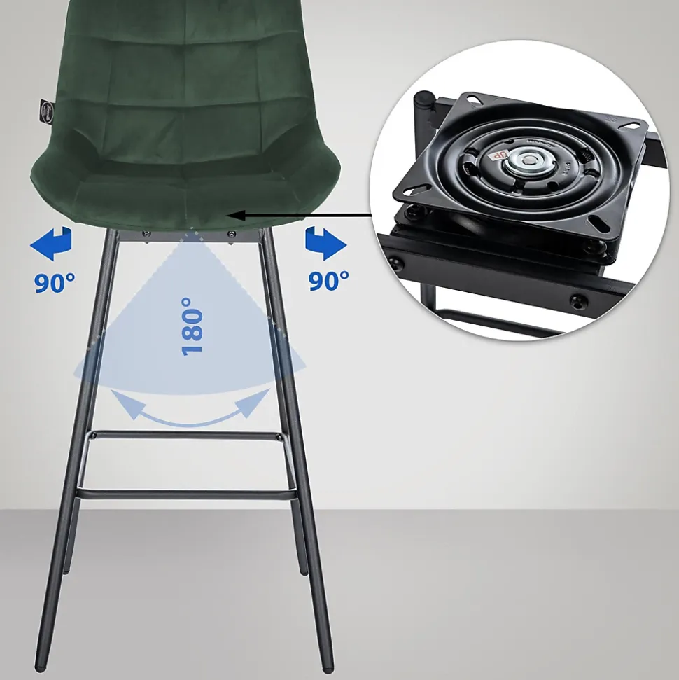 Tabouret de bar pivotant Weston pivotant à 90 degrés, réglage, assise rembourrée, structure métallique Vertfoncé/Velours