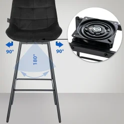 Tabouret de bar pivotant Weston pivotant à 90 degrés, réglage, assise rembourrée, structure métallique Noir/Velours