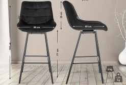 Tabouret de bar pivotant Weston pivotant à 90 degrés, réglage, assise rembourrée, structure métallique Noir/Velours