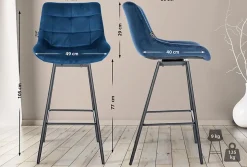 Tabouret de bar pivotant Weston pivotant à 90 degrés, réglage, assise rembourrée, structure métallique Bleu/Velours