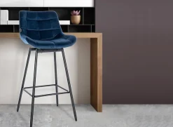 Tabouret de bar pivotant Weston pivotant à 90 degrés, réglage, assise rembourrée, structure métallique Bleu/Velours