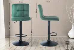 Tabouret de bar Pérou velours, chaise pivotante, réglable en hauteur, rembourrage surpiqué, confortable. Vert/Noir
