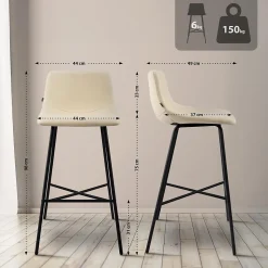 Tabouret de bar rembourré Altona, dossier, repose-pieds, métal noir, style scandinave moderne Crème/Tissu