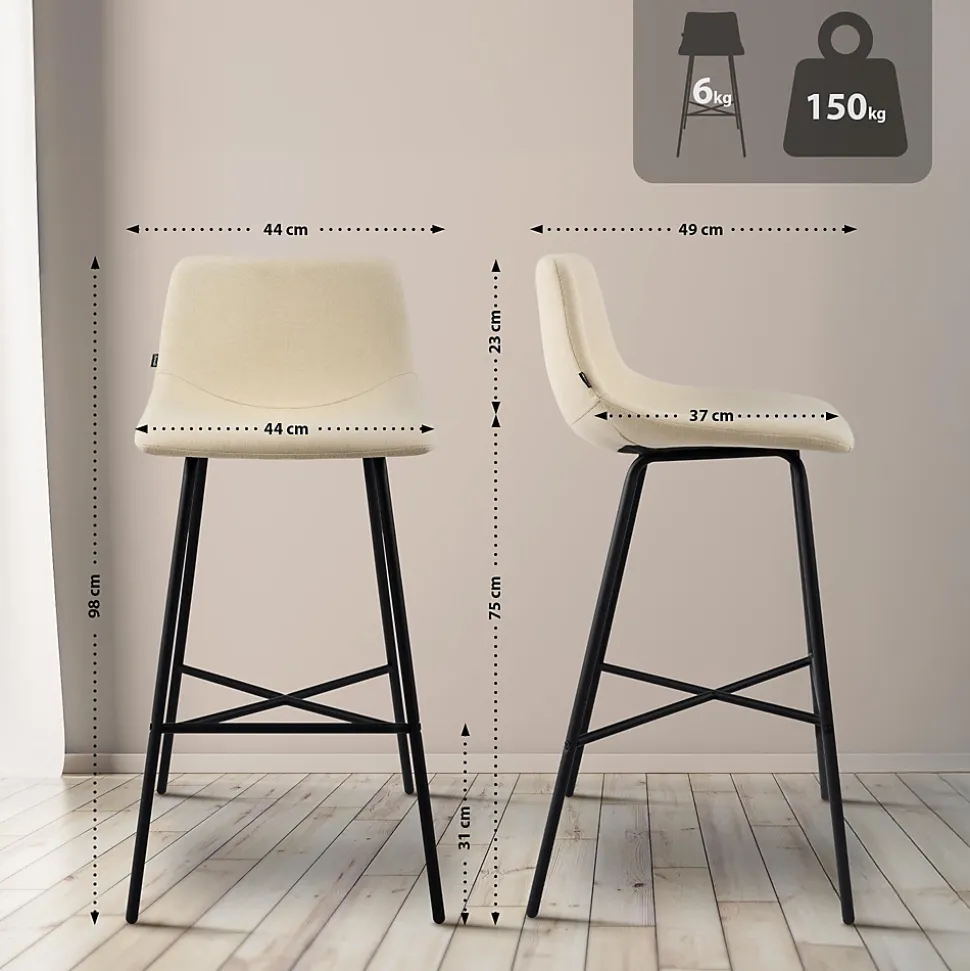 Tabouret de bar rembourré Altona, dossier, repose-pieds, métal noir, style scandinave moderne Crème/Tissu