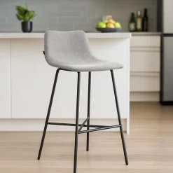 Tabouret de bar rembourré Altona, dossier, repose-pieds, métal noir, style scandinave moderne Gris/Tissu