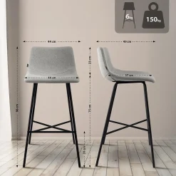 Tabouret de bar rembourré Altona, dossier, repose-pieds, métal noir, style scandinave moderne Gris/Tissu