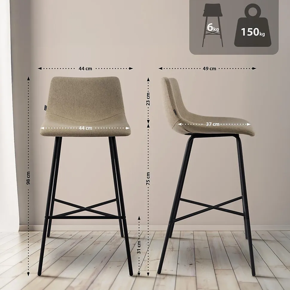Tabouret de bar rembourré Altona, dossier, repose-pieds, métal noir, style scandinave moderne Taupe/Tissu