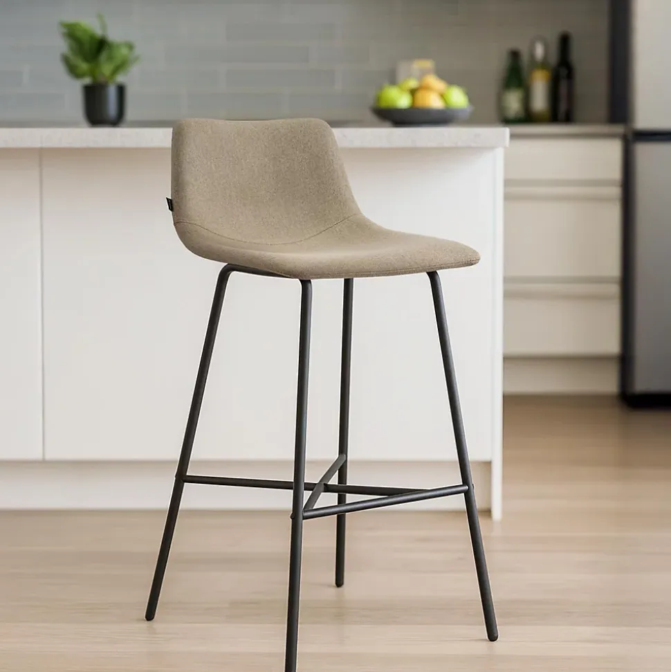Tabouret de bar rembourré Altona, dossier, repose-pieds, métal noir, style scandinave moderne Taupe/Tissu