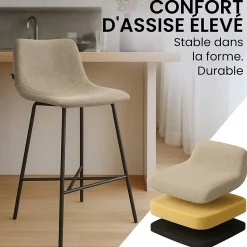 Tabouret de bar rembourré Altona, dossier, repose-pieds, métal noir, style scandinave moderne Taupe/Tissu
